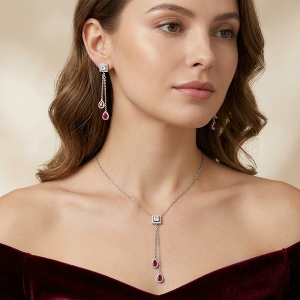 Ruby Red Teardrop Tassel Jewelry Set – 92.5 Sterling Silver Square Halo Lariat Necklace & Dangle Earrings