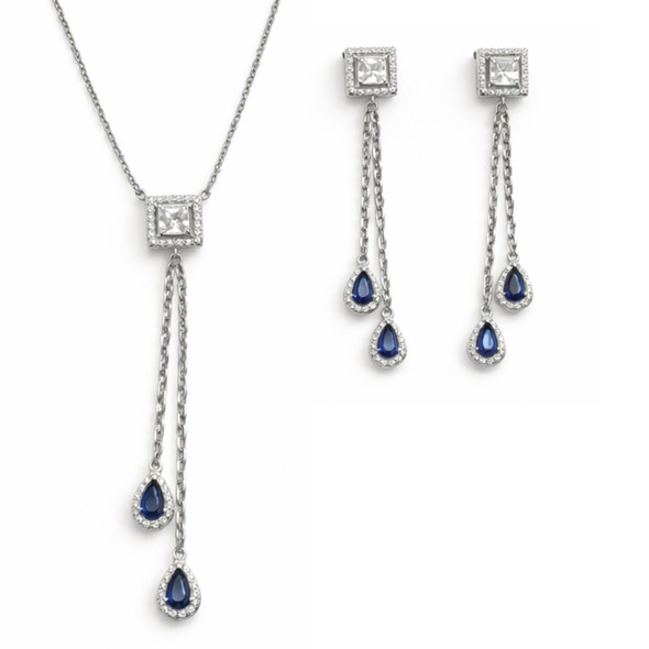Sapphire Blue Teardrop Tassel Jewelry Set – 92.5 Sterling Silver Square Halo Lariat Necklace & Dangle Earrings