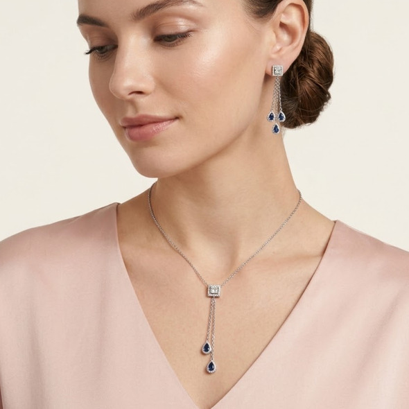 Sapphire Blue Teardrop Tassel Jewelry Set – 92.5 Sterling Silver Square Halo Lariat Necklace & Dangle Earrings