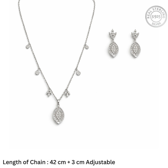 Vintage Marquise Medallion Jewelry Set – 92.5 Sterling Silver Multi-Charm Station Necklace & Dangle Earrings with Baguette Halo