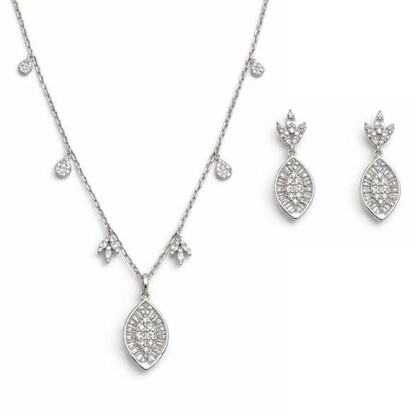Vintage Marquise Medallion Jewelry Set – 92.5 Sterling Silver Multi-Charm Station Necklace & Dangle Earrings with Baguette Halo