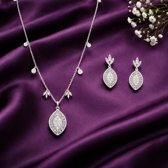 Vintage Marquise Medallion Jewelry Set – 92.5 Sterling Silver Multi-Charm Station Necklace & Dangle Earrings with Baguette Halo