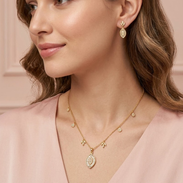 Vintage Marquise Medallion Jewelry Set – 92.5 Sterling Silver Multi-Charm Station Necklace & Dangle Earrings with Baguette Halo