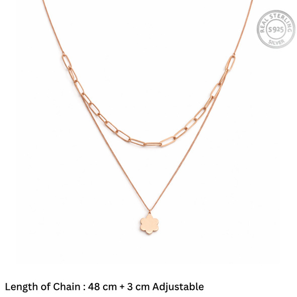 Layered Floral Paperclip Necklace – Rose Gold Plated 92.5 Sterling Silver Double Strand Necklace with Minimalist Flower Charm