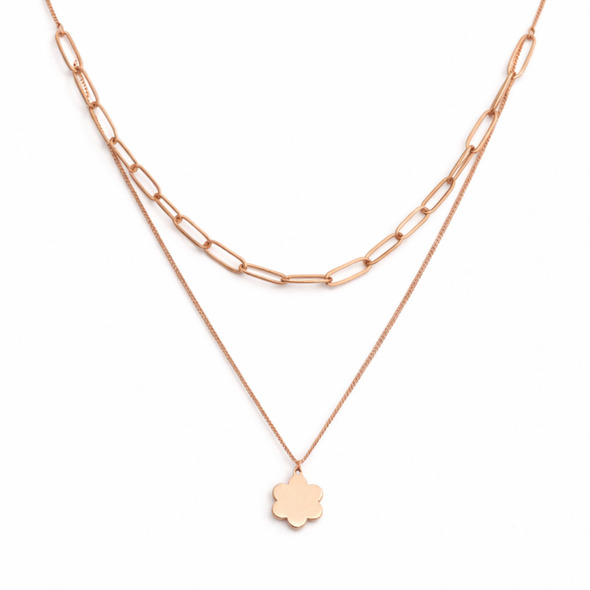 Layered Floral Paperclip Necklace – Rose Gold Plated 92.5 Sterling Silver Double Strand Necklace with Minimalist Flower Charm