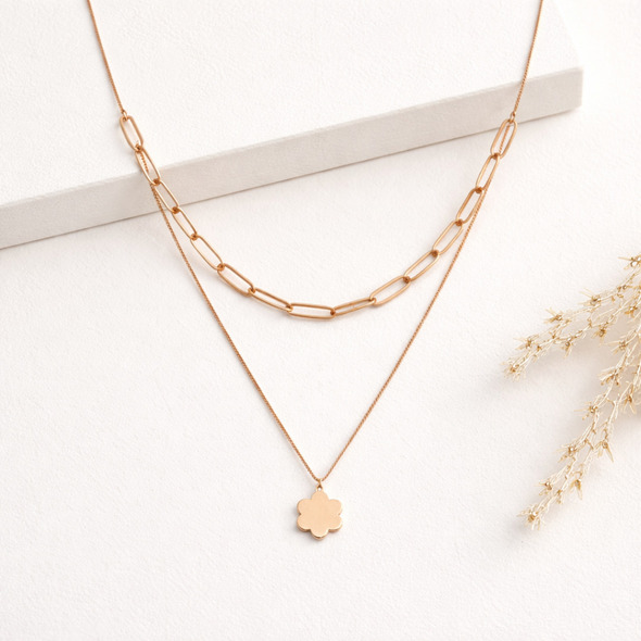 Layered Floral Paperclip Necklace – Rose Gold Plated 92.5 Sterling Silver Double Strand Necklace with Minimalist Flower Charm
