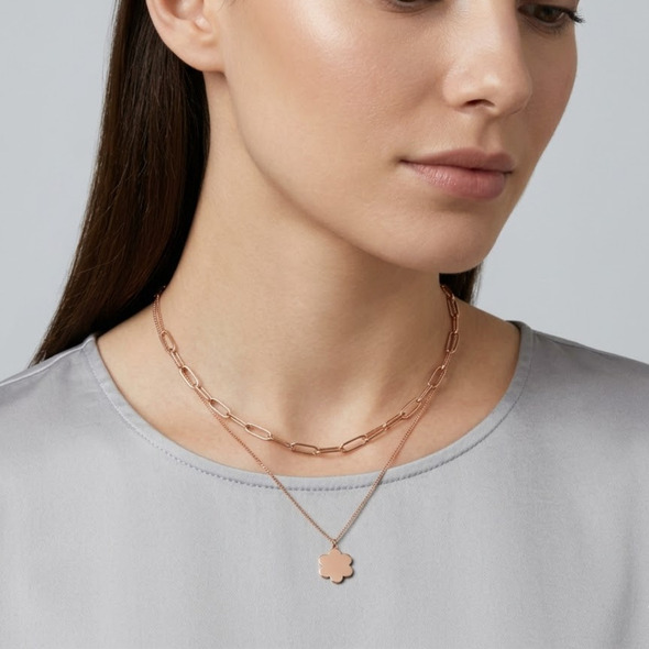 Layered Floral Paperclip Necklace – Rose Gold Plated 92.5 Sterling Silver Double Strand Necklace with Minimalist Flower Charm