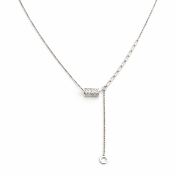 Asymmetric Pavé Barrel Lariat – 92.5 Sterling Silver Mixed Chain Y-Necklace with Shimmering Slider and Open Circle Charm
