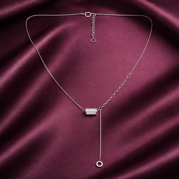 Asymmetric Pavé Barrel Lariat – 92.5 Sterling Silver Mixed Chain Y-Necklace with Shimmering Slider and Open Circle Charm