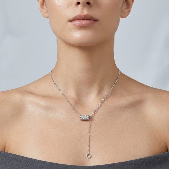 Asymmetric Pavé Barrel Lariat – 92.5 Sterling Silver Mixed Chain Y-Necklace with Shimmering Slider and Open Circle Charm