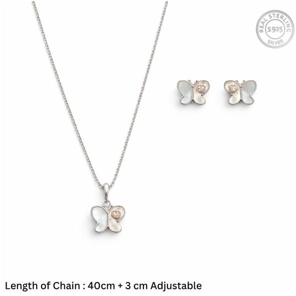 Mother of Pearl Butterfly Jewelry Set – 92.5 Sterling Silver Pendant Necklace & Stud Earrings with Rose Gold Accents