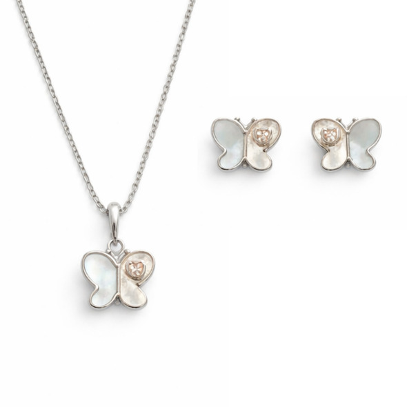Mother of Pearl Butterfly Jewelry Set – 92.5 Sterling Silver Pendant Necklace & Stud Earrings with Rose Gold Accents