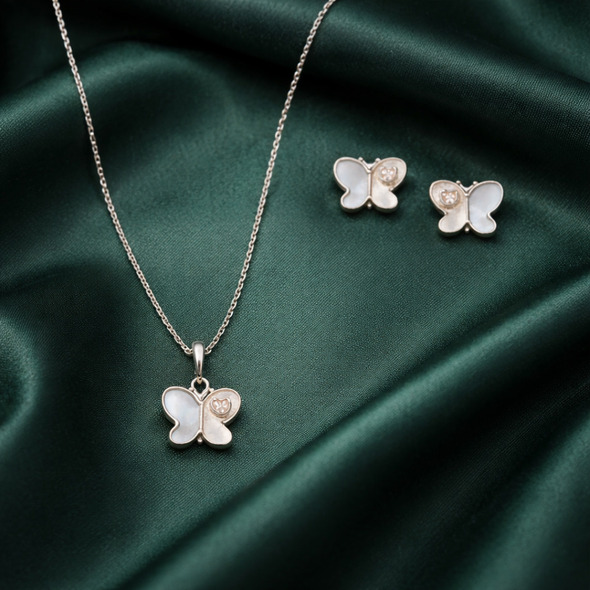 Mother of Pearl Butterfly Jewelry Set – 92.5 Sterling Silver Pendant Necklace & Stud Earrings with Rose Gold Accents