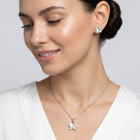 Mother of Pearl Butterfly Jewelry Set – 92.5 Sterling Silver Pendant Necklace & Stud Earrings with Rose Gold Accents