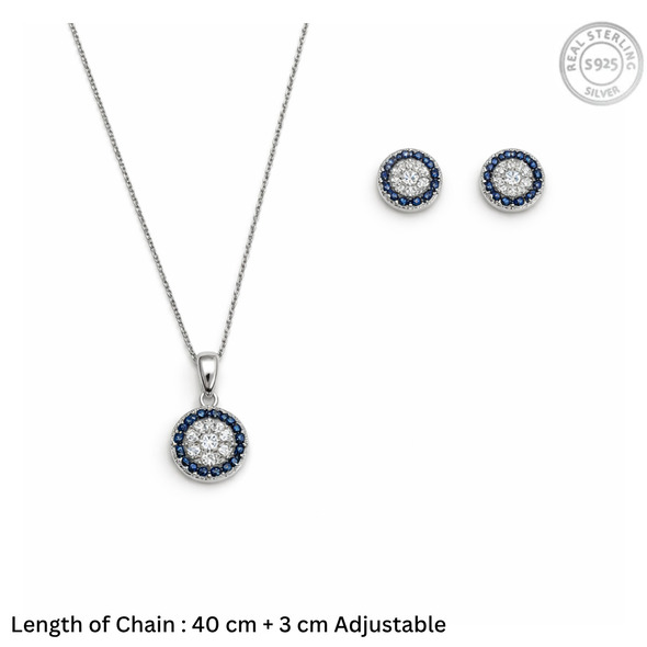 Royal Blue Sapphire Halo Jewelry Set – 92.5 Sterling Silver Round Medallion Necklace & Stud Earrings with Sparkling Crystals