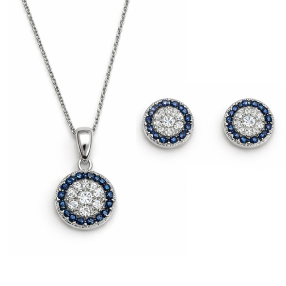 Royal Blue Sapphire Halo Jewelry Set – 92.5 Sterling Silver Round Medallion Necklace & Stud Earrings with Sparkling Crystals
