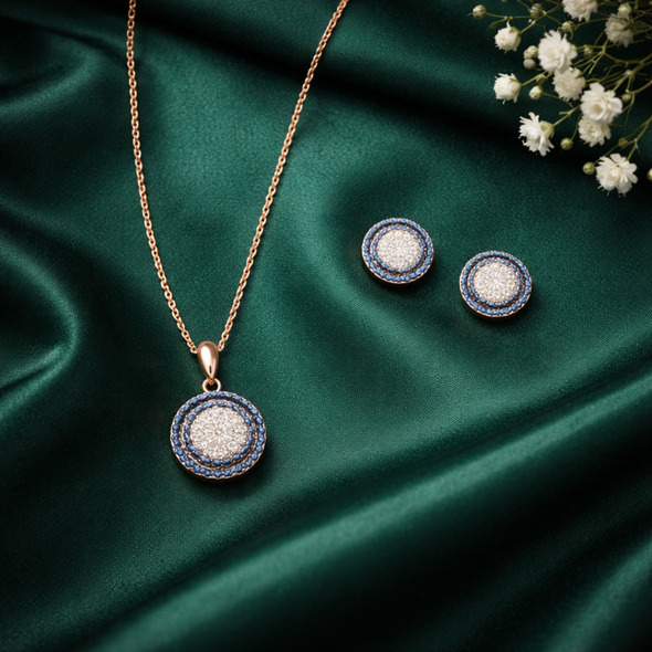 Royal Blue Sapphire Halo Jewelry Set – 92.5 Sterling Silver Round Medallion Necklace & Stud Earrings with Sparkling Crystals