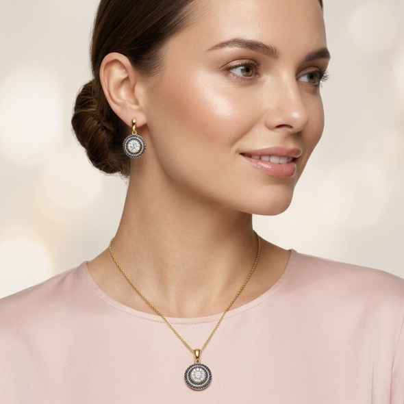 Royal Blue Sapphire Halo Jewelry Set – 92.5 Sterling Silver Round Medallion Necklace & Stud Earrings with Sparkling Crystals