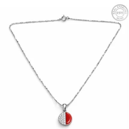 Dual Tone Round Pendant Necklace 92.5 Sterling Silver Red & Crystal for Women