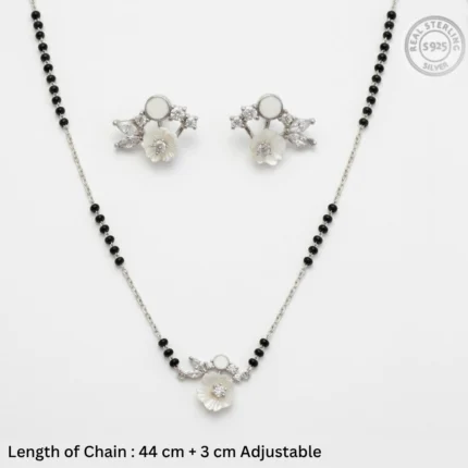 Mother of Pearl Blossom Mangalsutra Set – 92.5 Sterling Silver Necklace and Earring Set with Sacred Black Beads and Crystal Leaf Accents