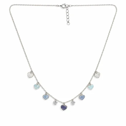 Blue Gradient Heart Charm Drop Necklace – 92.5 Sterling Silver Multi-Heart Choker with Ombre Crystals