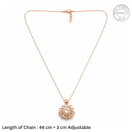 Dahlia Sunburst Pendant Necklace – Rose Gold Plated 92.5 Sterling Silver Floral Medallion with Marquise Crystals