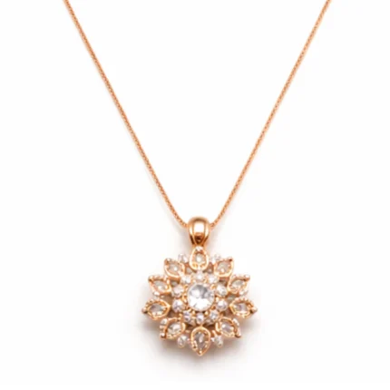 Dahlia Sunburst Pendant Necklace – Rose Gold Plated 92.5 Sterling Silver Floral Medallion with Marquise Crystals