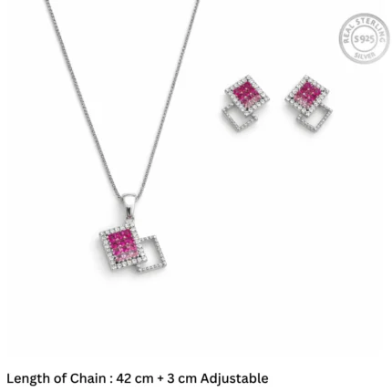 Geometric Pink Ombré Square Jewelry Set – 92.5 Sterling Silver Double Square Necklace & Earrings with Gradient Crystals