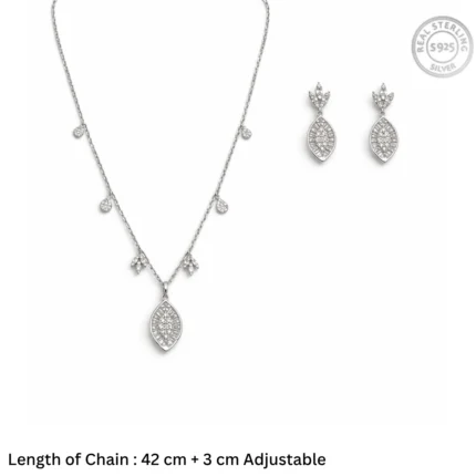 Vintage Marquise Medallion Jewelry Set – 92.5 Sterling Silver Multi-Charm Station Necklace & Dangle Earrings with Baguette Halo