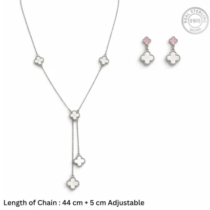 Mother of Pearl Clover Lariat Jewelry Set – 92.5 Sterling Silver Y-Necklace & Two-Tone Drop Earrings with Lucky Blossom Inlays
