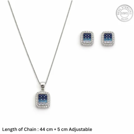 Geometric Blue Ombré Square Jewelry Set – 92.5 Sterling Silver Cushioned Halo Necklace & Earrings with Gradient Sapphire-Toned Crystals