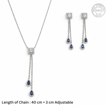 Sapphire Blue Teardrop Tassel Jewelry Set – 92.5 Sterling Silver Square Halo Lariat Necklace & Dangle Earrings