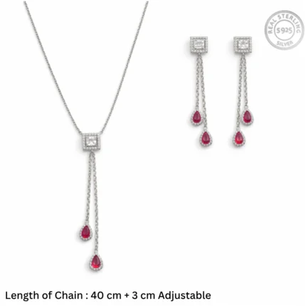 Ruby Red Teardrop Tassel Jewelry Set – 92.5 Sterling Silver Square Halo Lariat Necklace & Dangle Earrings