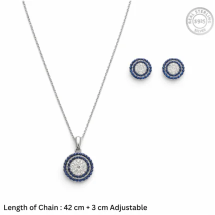 Royal Blue Double Halo Medallion Jewelry Set – 92.5 Sterling Silver Concentric Circle Necklace & Stud Earrings with Sapphire-Toned Accents