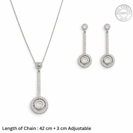 Geometric Halo Drop Jewelry Set – 92.5 Sterling Silver Vertical Bar Pendant & Matching Earrings with Shimmering Solitaire Accents