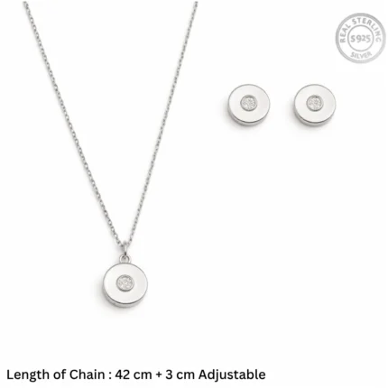 Minimalist Brushed Disc Jewelry Set – 92.5 Sterling Silver Circular Pendant & Stud Earrings with Solitaire Crystal Center