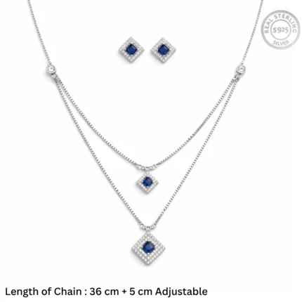 Royal Blue Layered Princess-Cut Jewelry Set – 92.5 Sterling Silver Double Strand Necklace & Matching Square Halo Studs