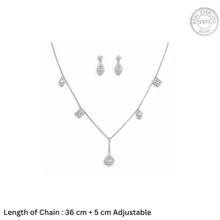 Geometric Multi-Charm Lariat Jewelry Set – 92.5 Sterling Silver Mixed-Cut Crystal Necklace & Marquise Drop Earrings