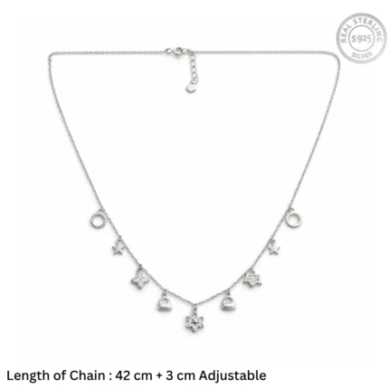 Whimsical Multi-Charm Celestial Necklace – 92.5 Sterling Silver Mixed Charm Station Choker with Star, Flower, and Padlock Accents