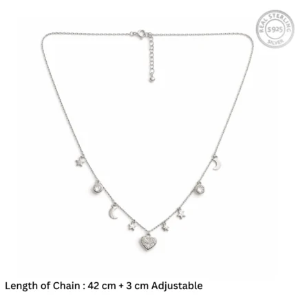 Celestial Harmony Multi-Charm Necklace – 92.5 Sterling Silver Station Choker with Moon, Star, and Filigree Heart Accents