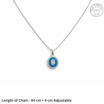 Cerulean Blue Halo Medallion Necklace – 92.5 Sterling Silver Oval Evil Eye Inspired Pendant with Vibrant Enamel and Crystal Accents