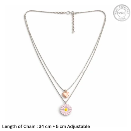Dainty Daisy & Heart Layered Necklace – 92.5 Sterling Silver Double Strand Necklace with Pink Enamel Flower and Rose Gold Heart