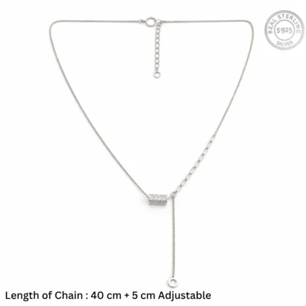 Asymmetric Pavé Barrel Lariat – 92.5 Sterling Silver Mixed Chain Y-Necklace with Shimmering Slider and Open Circle Charm