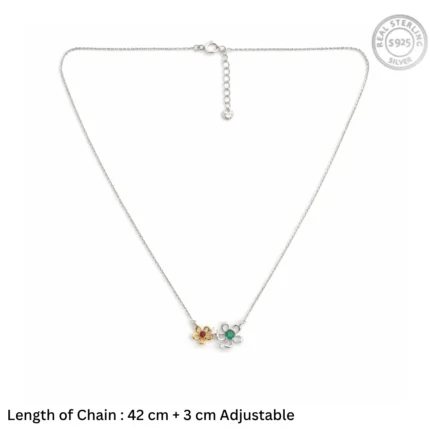 Dainty Two-Tone Dual Blossom Necklace – 92.5 Sterling Silver Mixed Metal Pendant with Ruby & Emerald Toned Centers