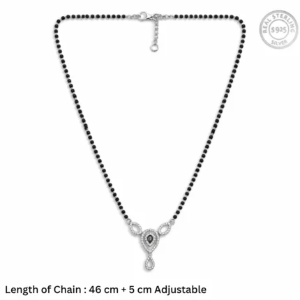 Ornate Teardrop Filigree Mangalsutra – 92.5 Sterling Silver Necklace with Sacred Black Beads and Crystal-Encrusted Geometric Pendant